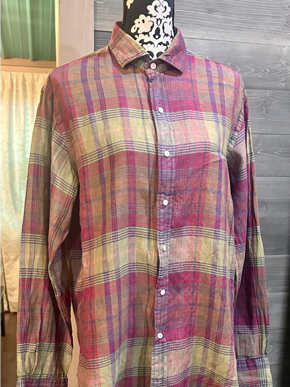 Ralph Lauren Men's Plaid Button-Up Shirt in Pink and Green